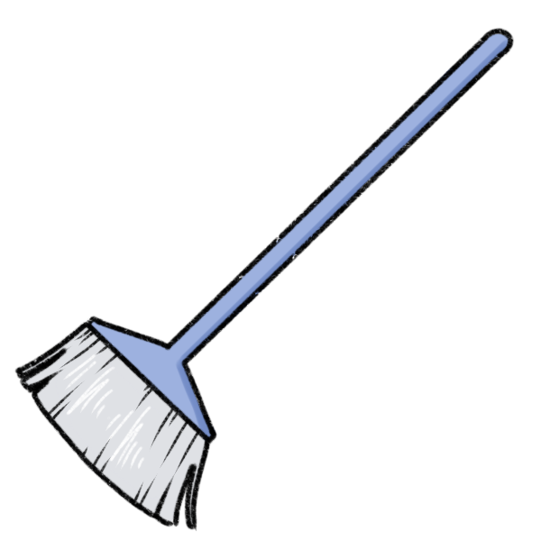 a blue broom with a brush that’s flat on one side, and reaches out at an angle on the other side. 